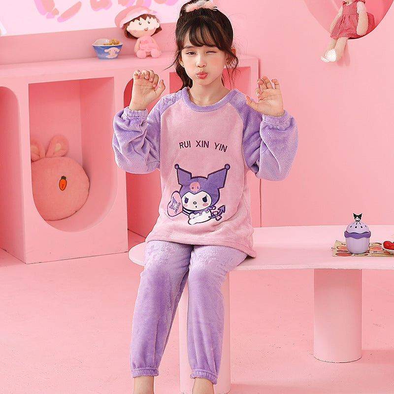 Kid Baby Girls Home Flannel Pajamas Cartoon Velvet Suit