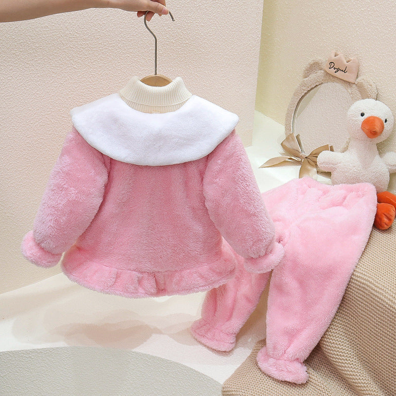 Kid Baby Girls Flannel Thickened Home Cute Cartoon Pajamas