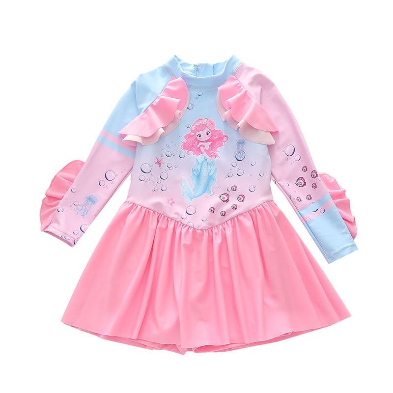 Kid Girl One-piece Swimsuit Long-sleeved Lotus Bathing Swimsuit