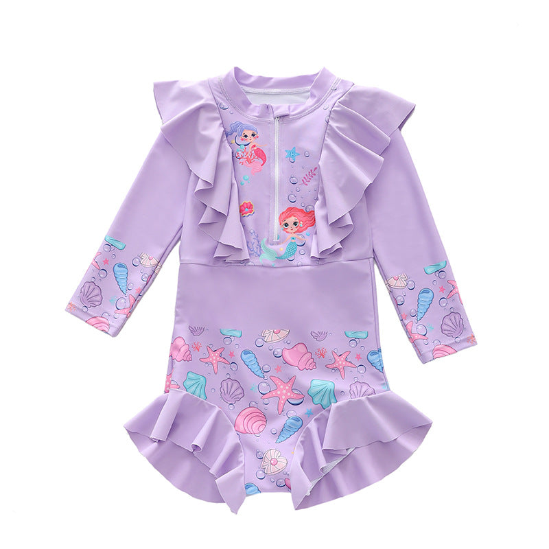 Kid Girl One-piece Swimsuit Long-sleeved Ruffle Swimwear