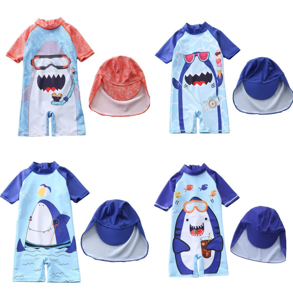 Kid Boy Shark Beach Sunscreen Hooded Swimsuit