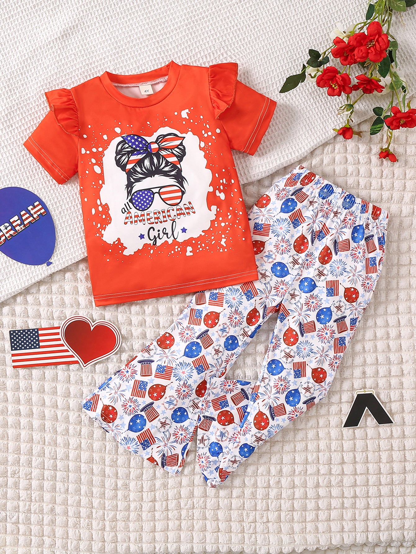 Kid Girls Independence Day Short Sleeved 2 Pcs Sets