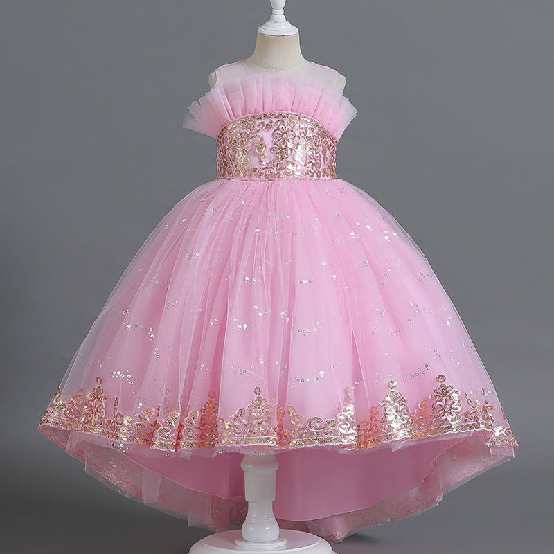 Kid Girl Trailing Sequined Fluffy Flower  Banquet Catwalk Piano Dress