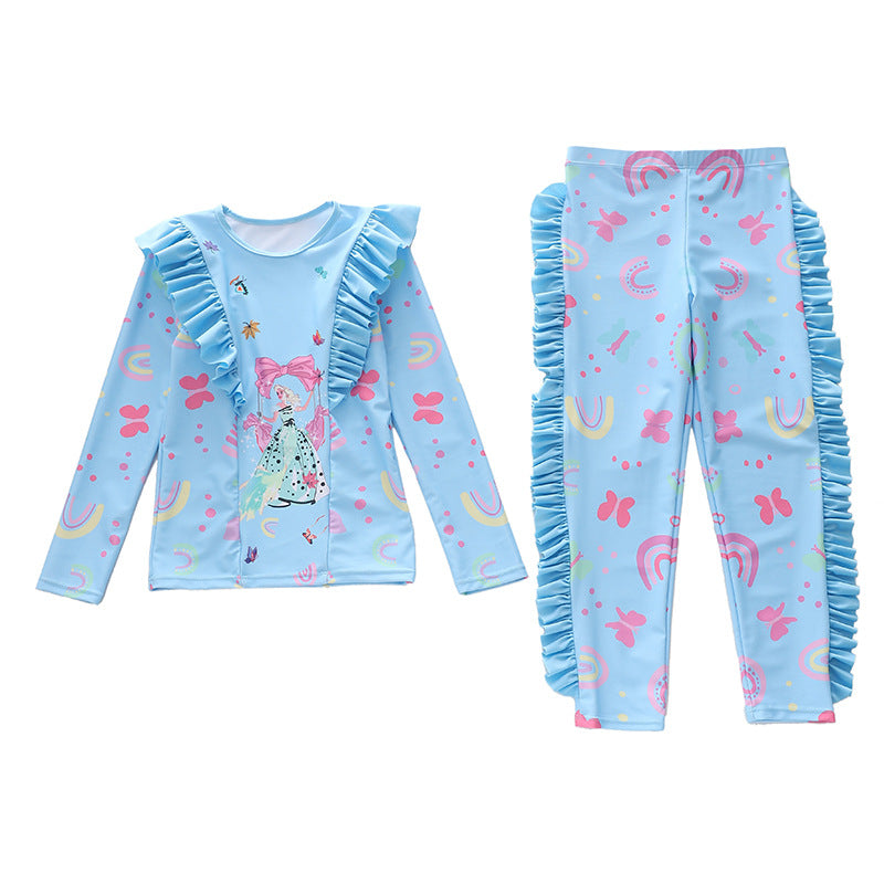 Kid Girl Long Sleeve Beach Ruffled Swimsuits Tops and Bottoms