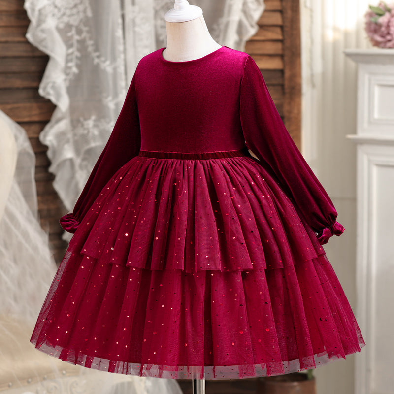 Girls Dress Velvet Sequined Gauze Princess Dress Children Christmas New Year Dress Skirt