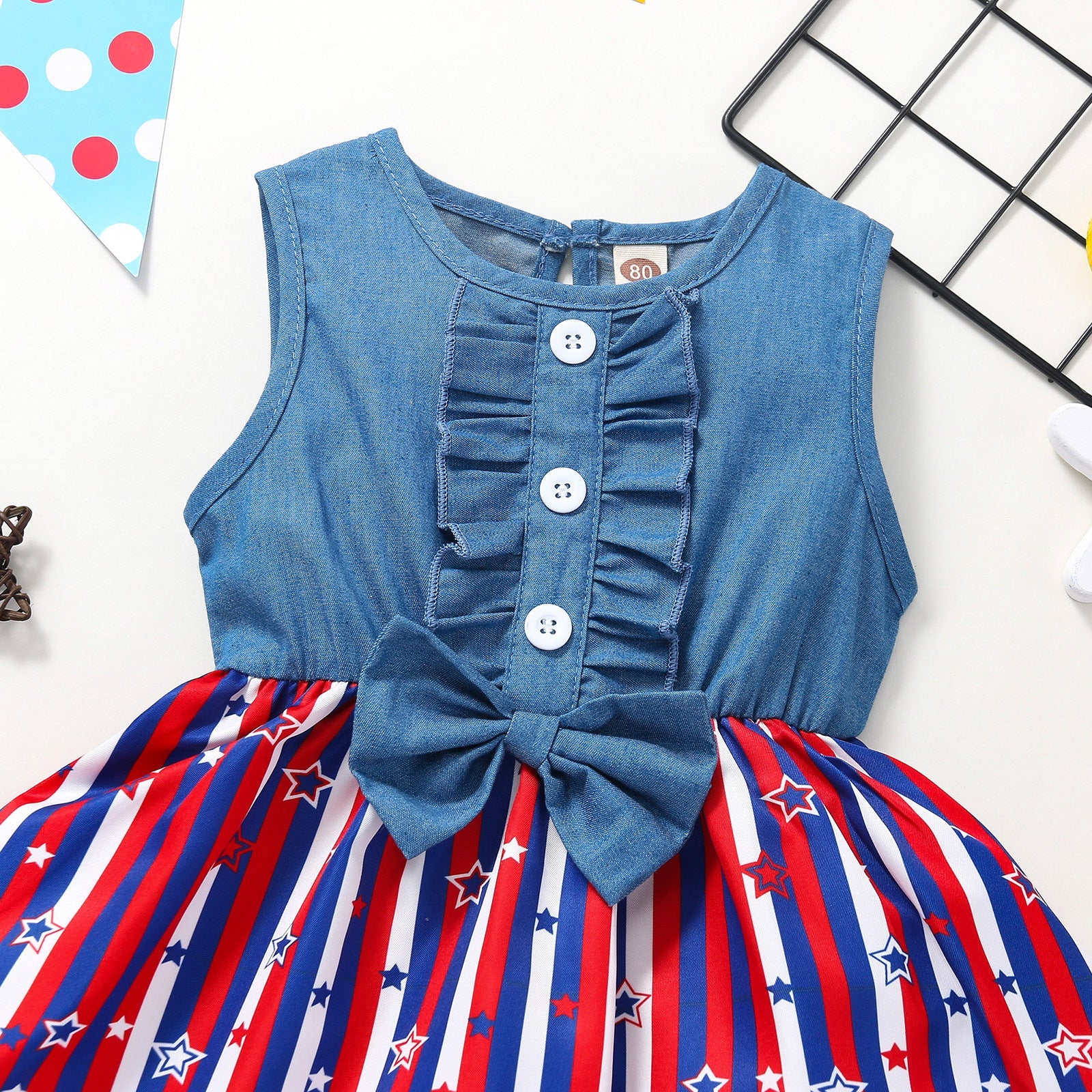Baby Girl Denim Independence Day Stitching Star Striped Sleeveless Dress