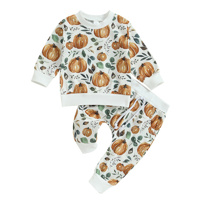 Kid  Baby Boy Crewneck Pumpkin Long Sleeve 2 Pcs Sets