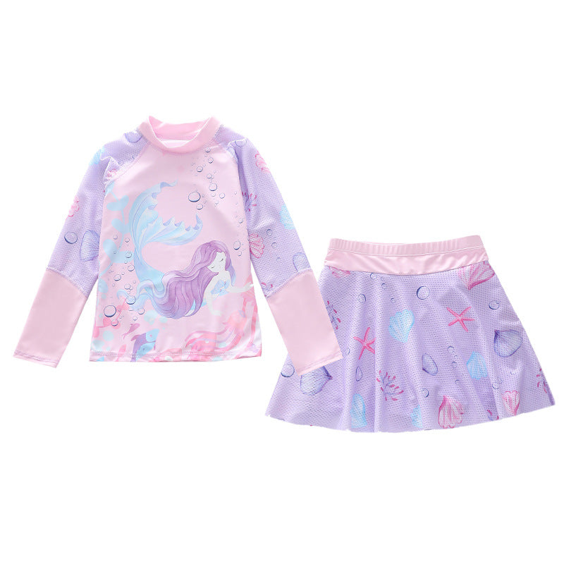 Kid Girl Split Sun Proof Long Sleeved Sports Net Swimsuits