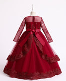 4-14T Kid Girls Lace Princess Handmade Beaded Long-sleeved Tutu Wedding Dresses