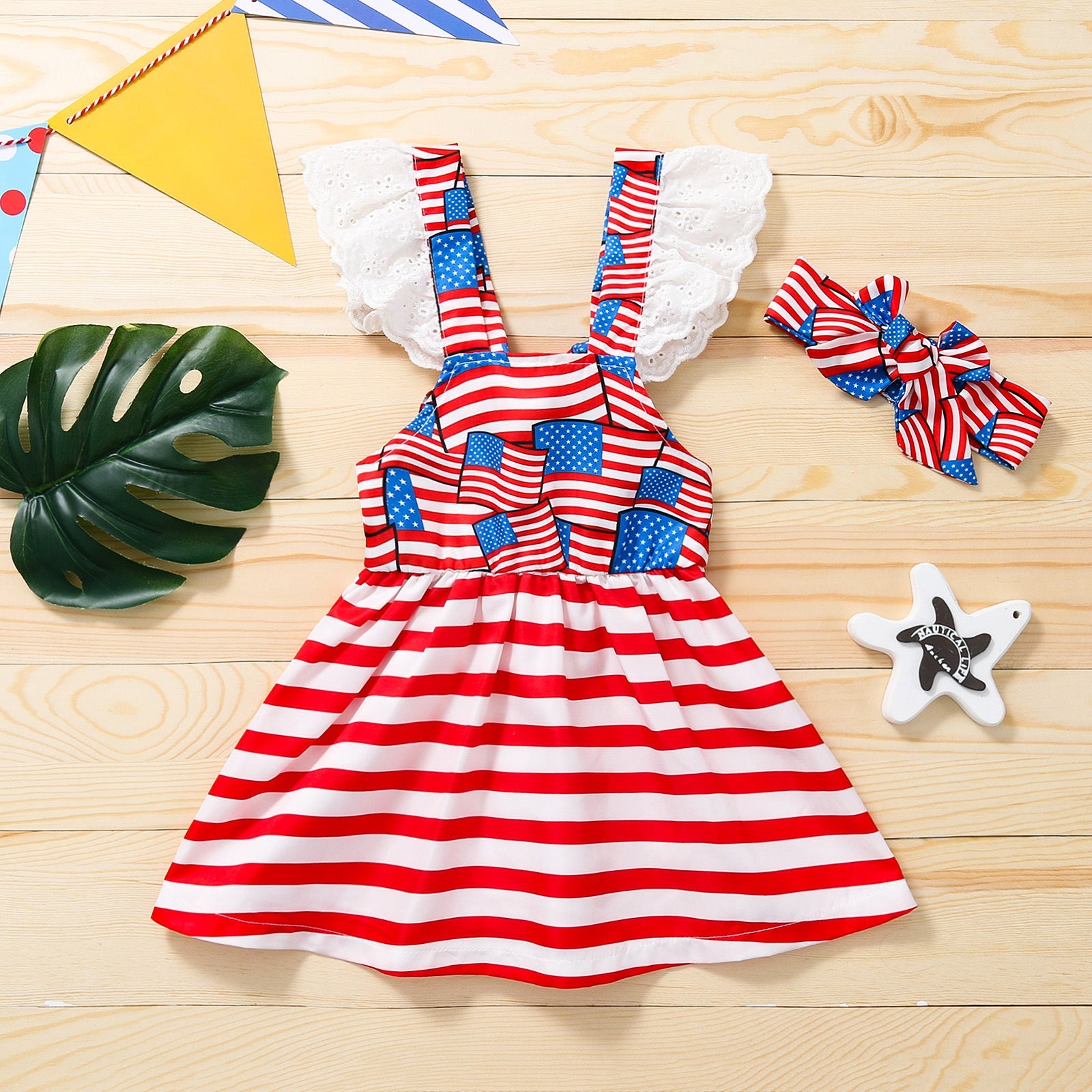 Baby Girls 4th-of-July Independence Day Bowknot Denim Striped Dress