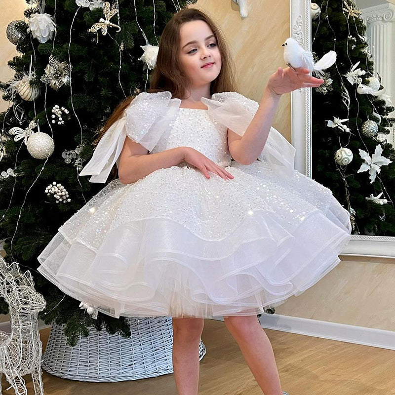 Kid Girl White Evening Flower Sequined Princess Dress