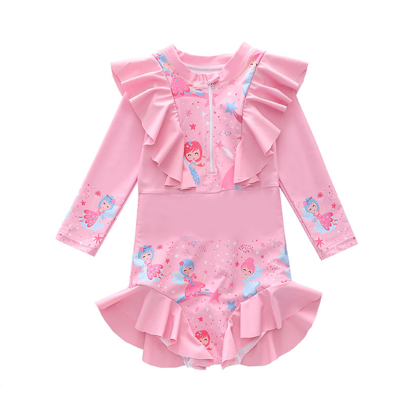 Kid Girl One-piece Swimsuit Long-sleeved Ruffle Swimwear