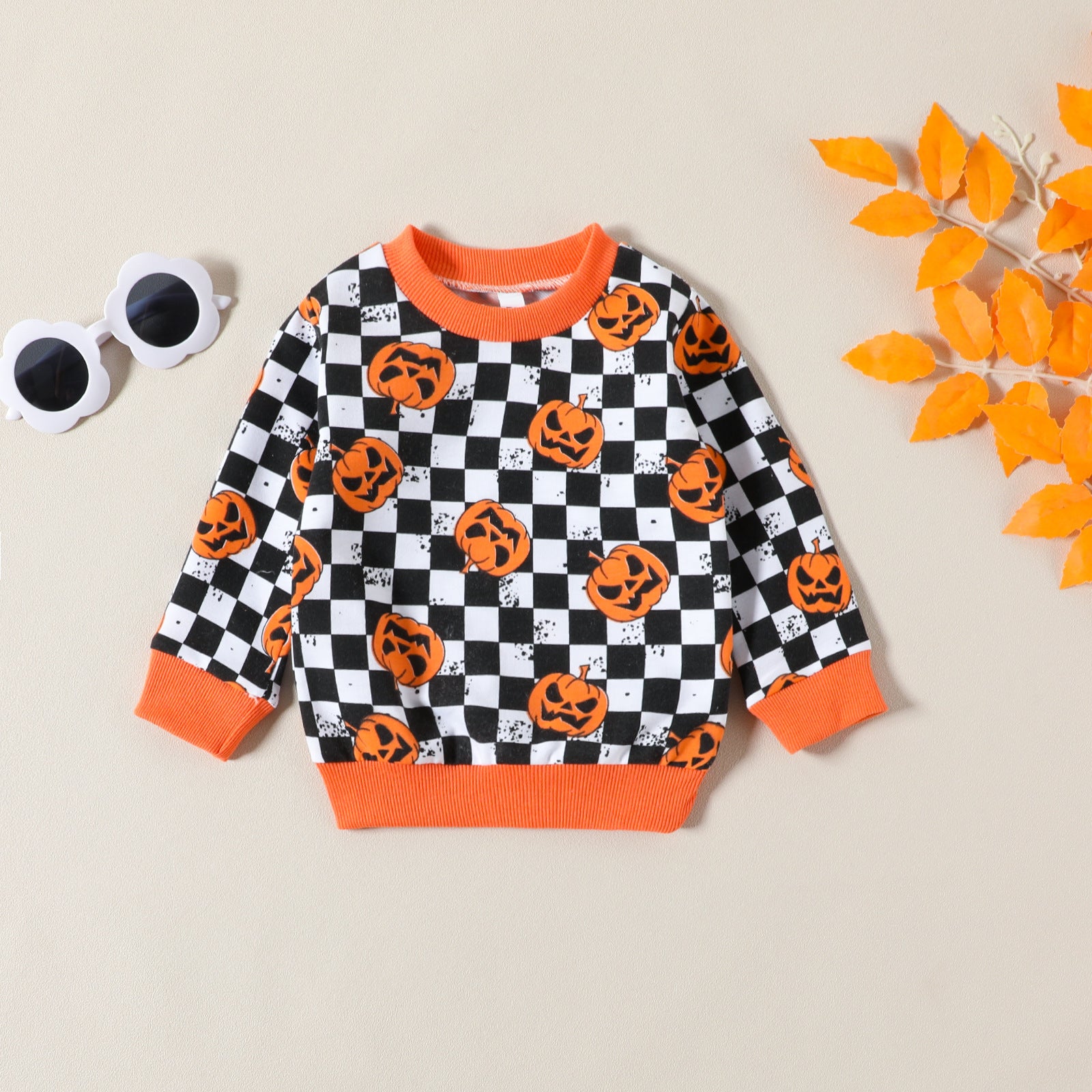 Baby Boy Halloween Checkerboard Pumpkin Suit 2 Pcs Set
