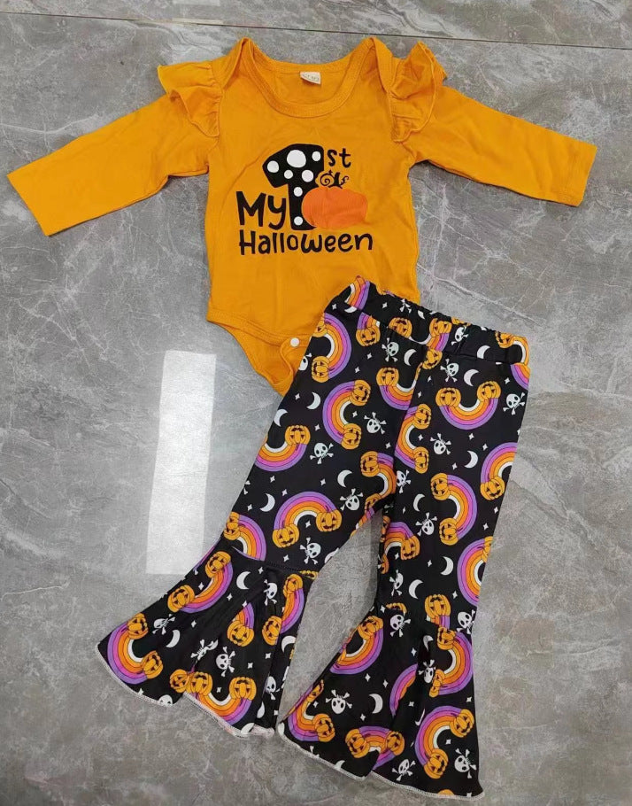 Baby Girls Halloween Print Letter Pumpkin Print Flared 2 Pcs Set