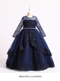 4-14T Kid Girls Lace Princess Handmade Beaded Long-sleeved Tutu Wedding Dresses