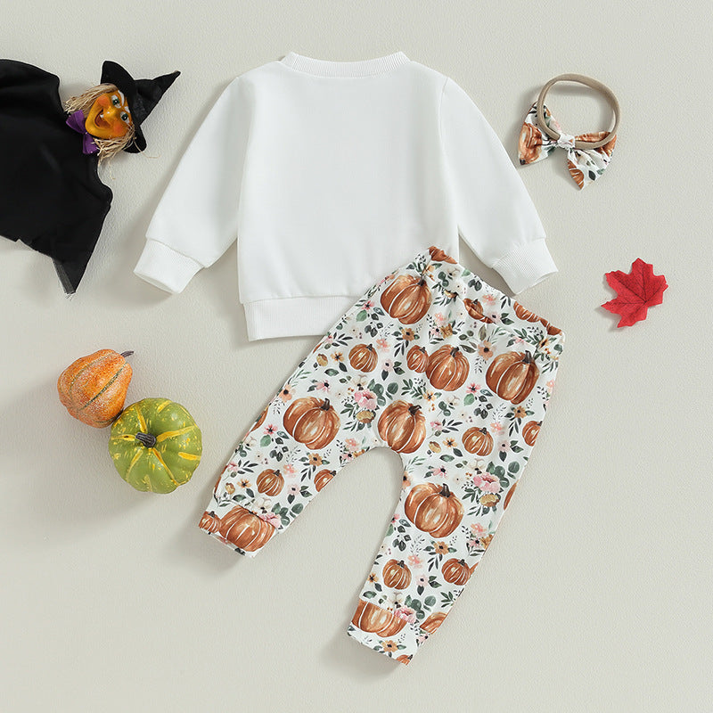 Halloween Infant Toddler Girl Letter Long Sleeve Pumpkin Print 2 Pcs Sets