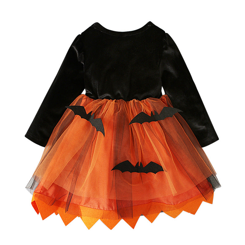 Halloween Kid Baby Girls Long Sleeve Mesh Pumpkin Dress