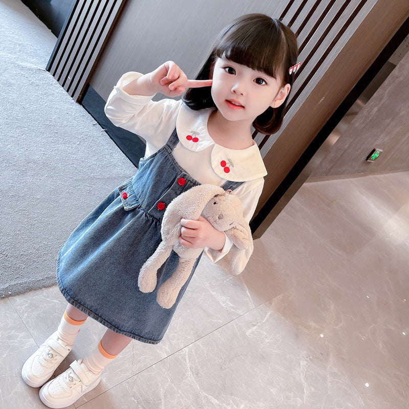 Kid Baby Girls Cherry Cowboy Suspenders Casual 2 Pcs Sets