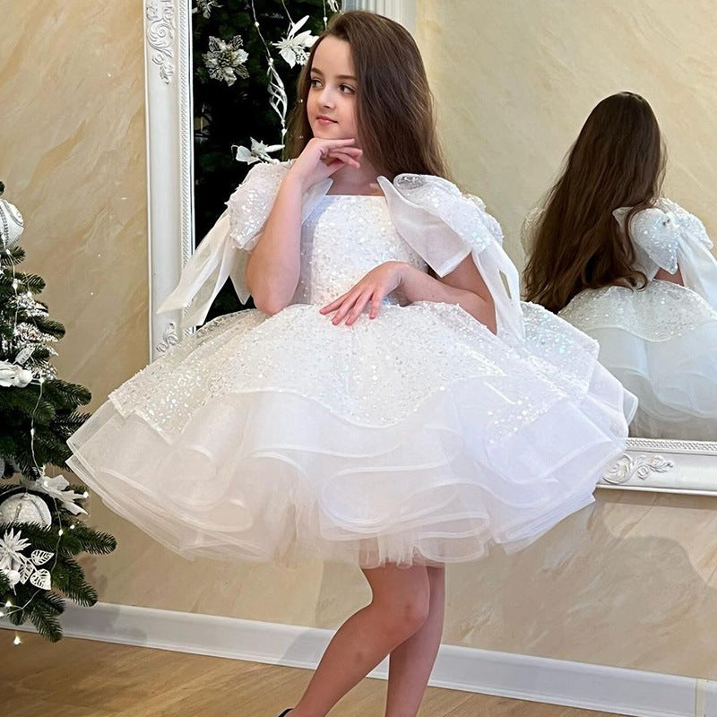 Kid Girl White Evening Flower Sequined Princess Dress