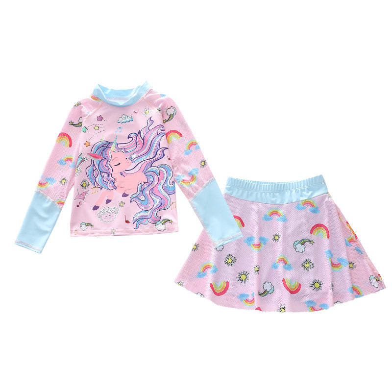 Kid Girl Split Sun Proof Long Sleeved Sports Net Swimsuits