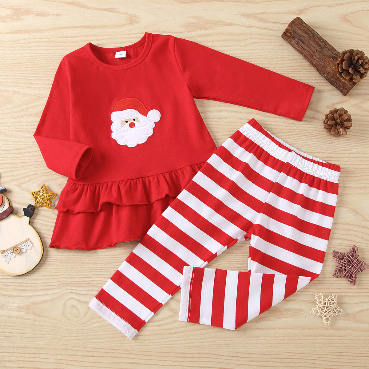 Kid Baby Girls Red Long Sleeved Christmas Striped 2 Pcs Sets