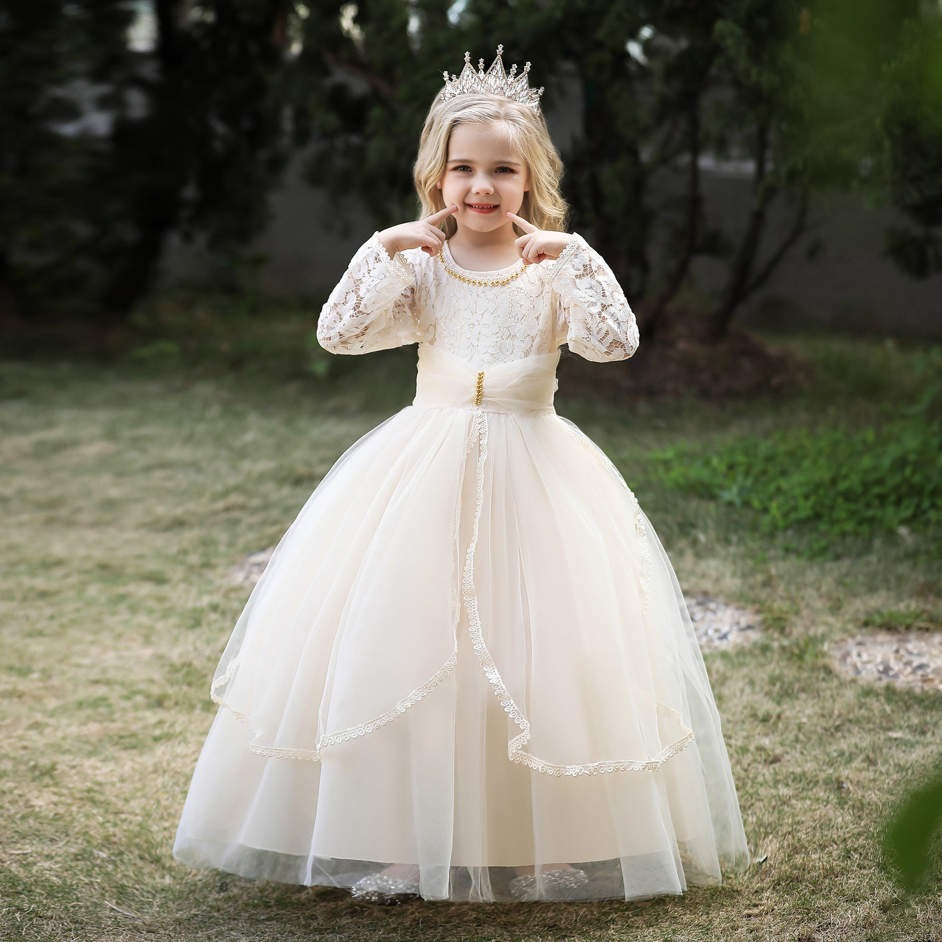 Kid Girl Evening Princess Flower Host Piano Performance Long Sleeve Dresses