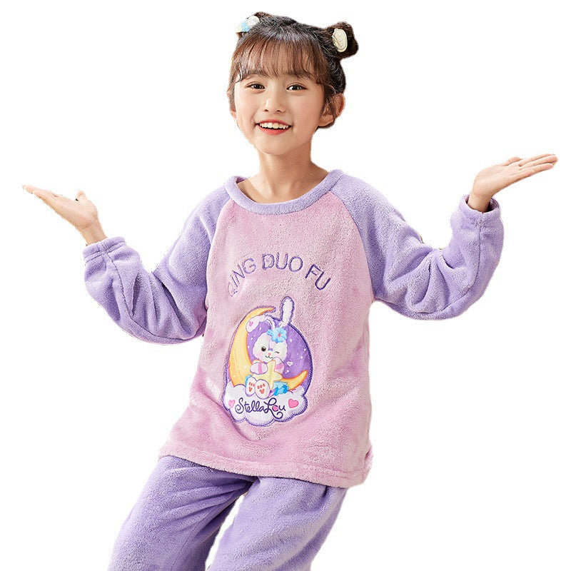 Kid Baby Girls Home Flannel Pajamas Cartoon Velvet Suit