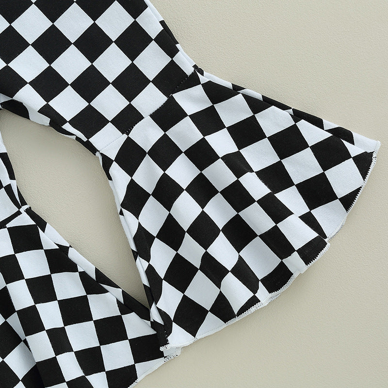 Halloween Kid Baby Girl Witch Letter Long Sleeve Checkered Bell 2 Pcs Sets