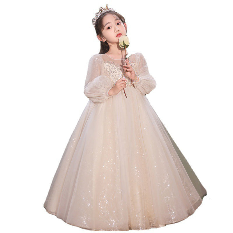 Kid Girl Long Sleeve Flower Wedding Birthday Piano Performance Dresses