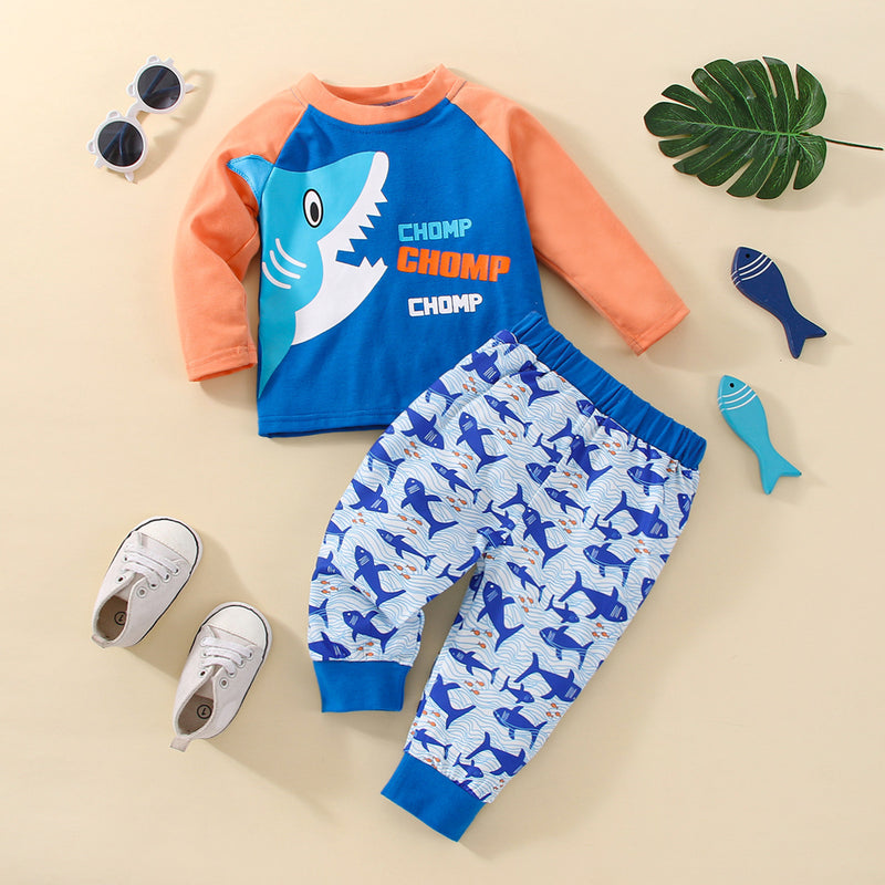 Kid Baby Boy Autumn Winter Blue Cartoon Shark Print 2 Pcs Set
