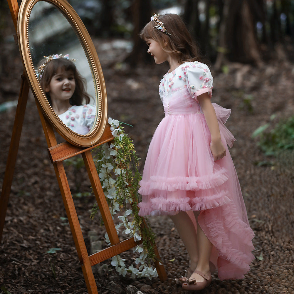 Kid Girl Princess Mesh Flower Fluffy Short Sleeved Trailing Performance Dresses