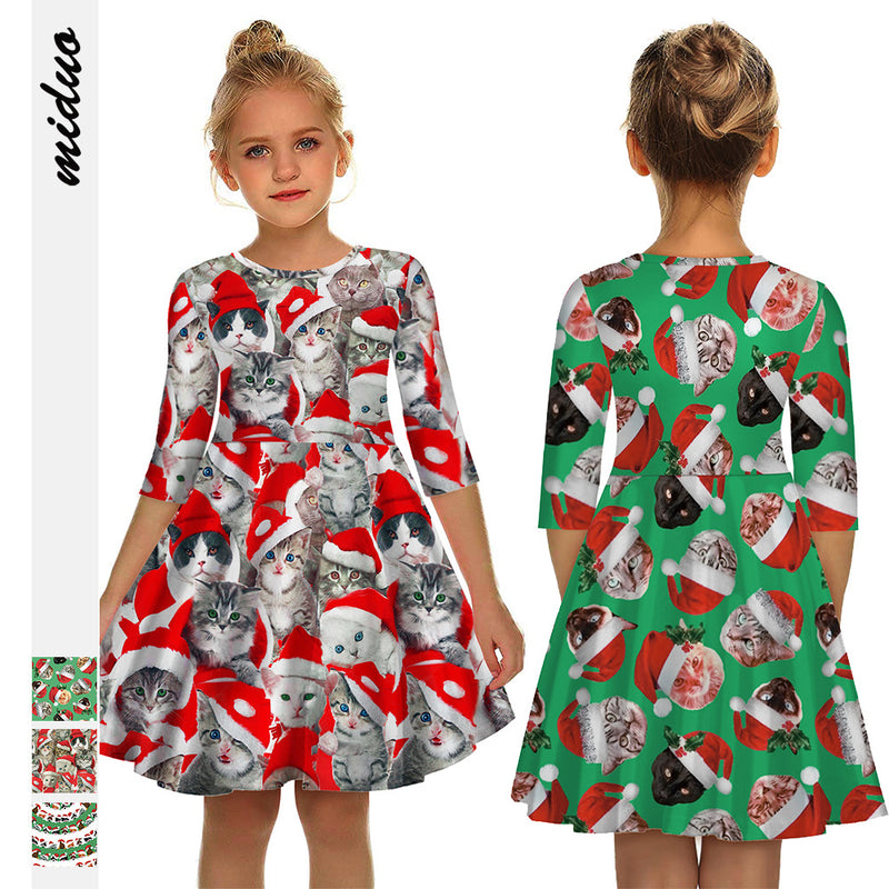 Kid Girls Mid-sleeve Kitty Christmas Digital Print Dresses