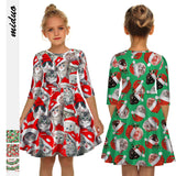 Kid Girls Mid-sleeve Kitty Christmas Digital Print Dresses