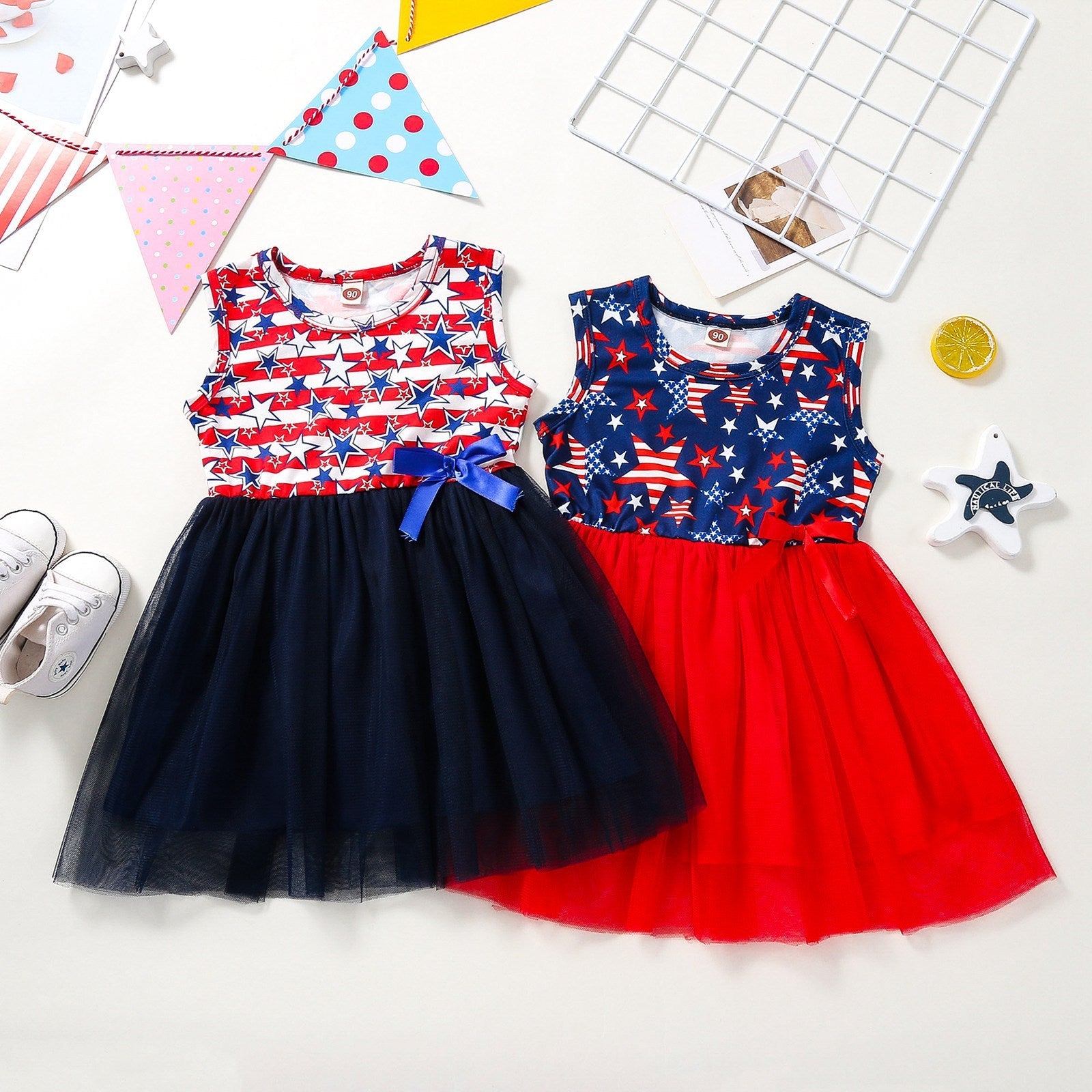Baby Girl independence Day Bow Stars Striped Printed Tulle Princess Dress