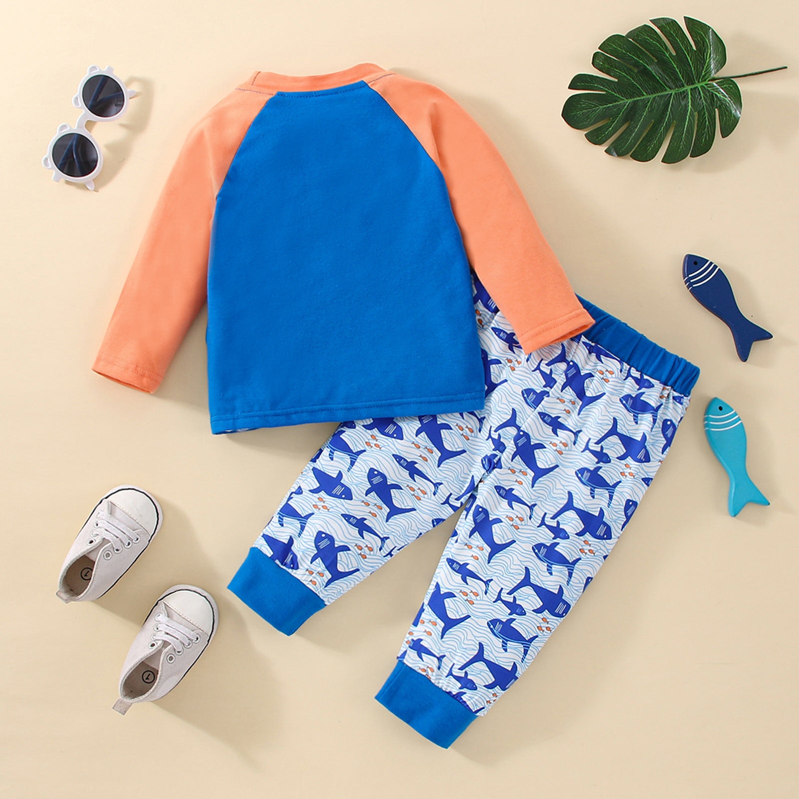 Kid Baby Boy Autumn Winter Blue Cartoon Shark Print 2 Pcs Set