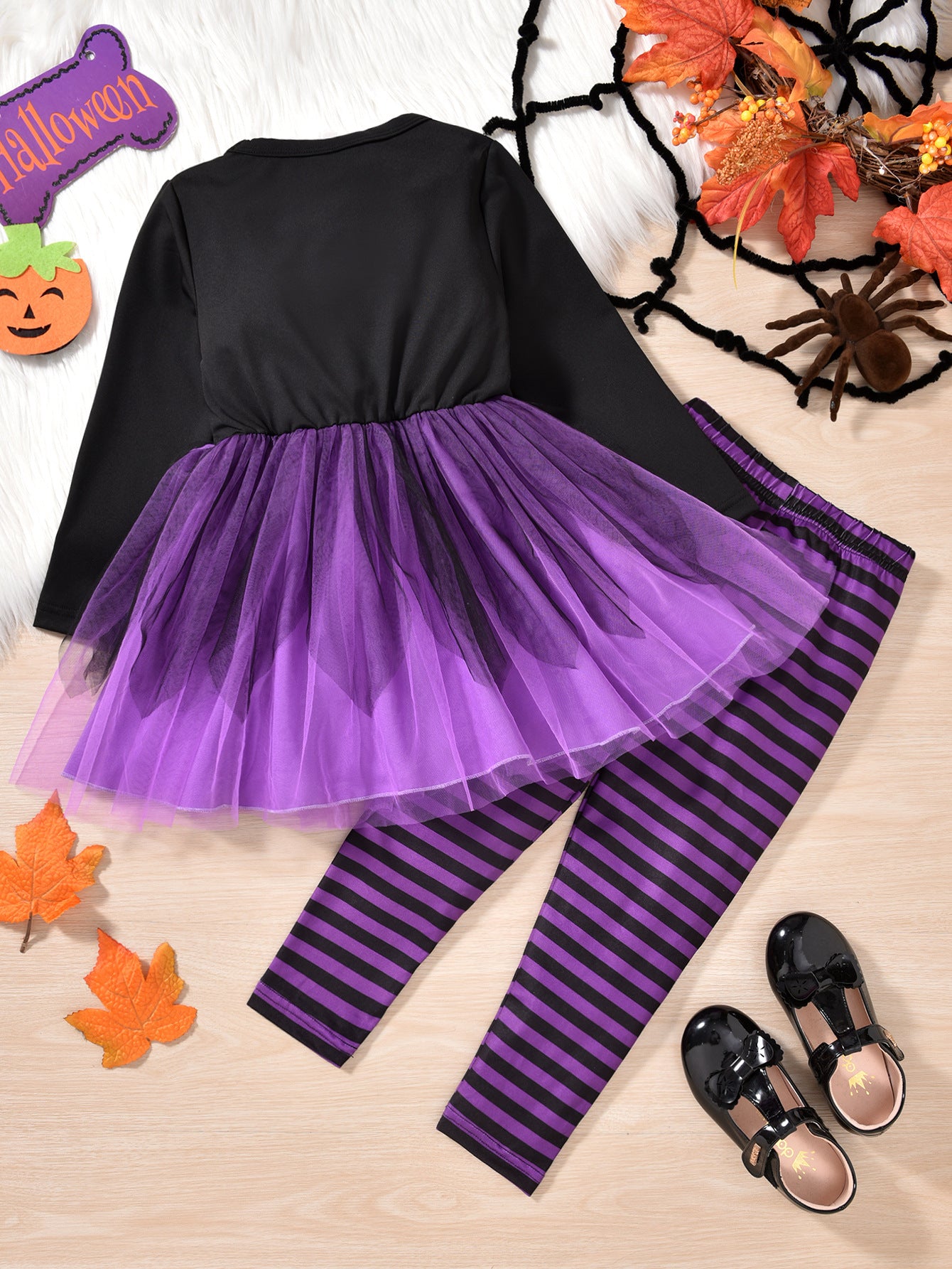 Halloween Kids Baby Girl Ghost Print Mesh Striped 2 Pcs Sets