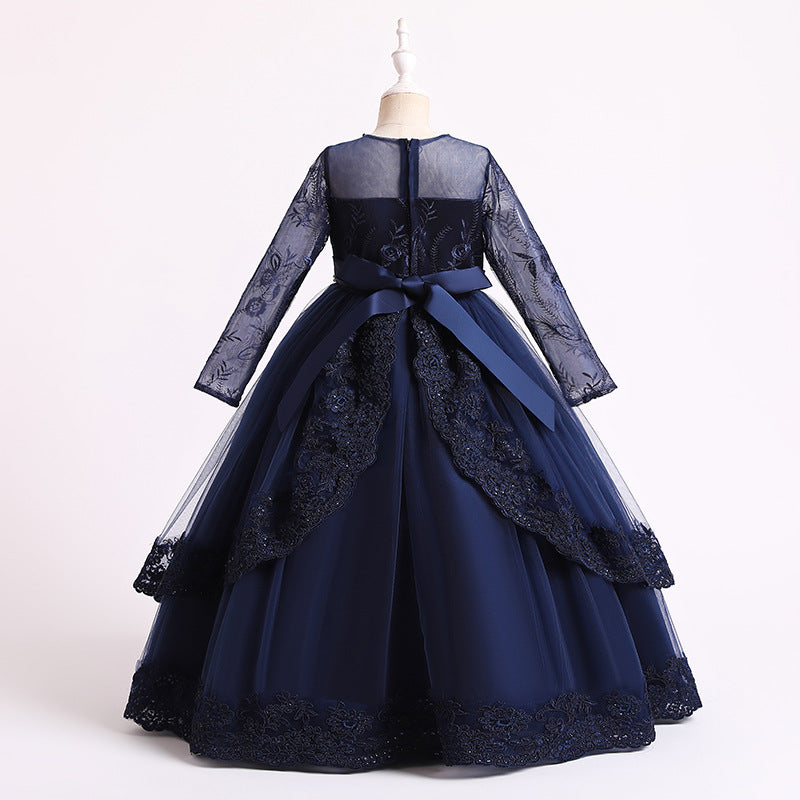 4-14T Kid Girls Lace Princess Handmade Beaded Long-sleeved Tutu Wedding Dresses