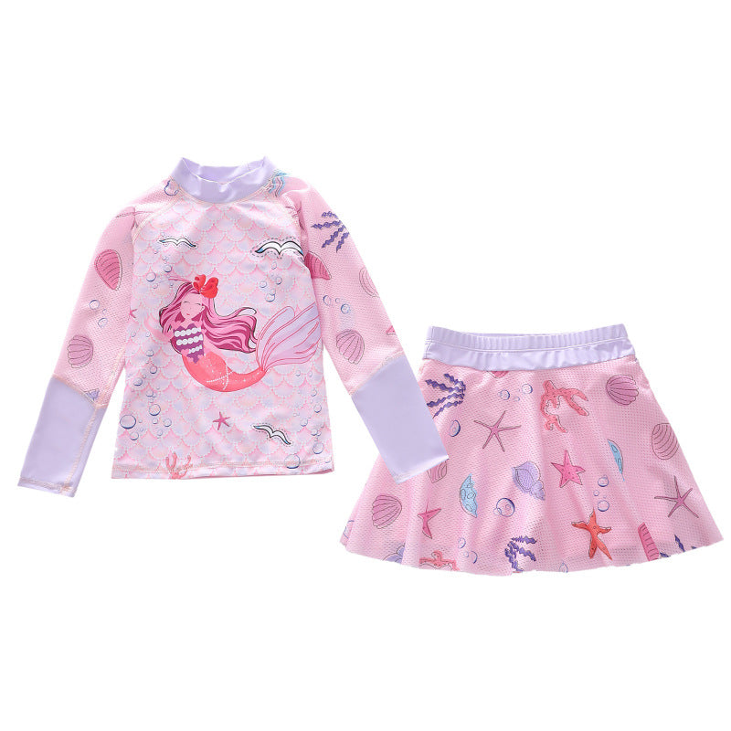 Kid Girl Split Sun Proof Long Sleeved Sports Net Swimsuits