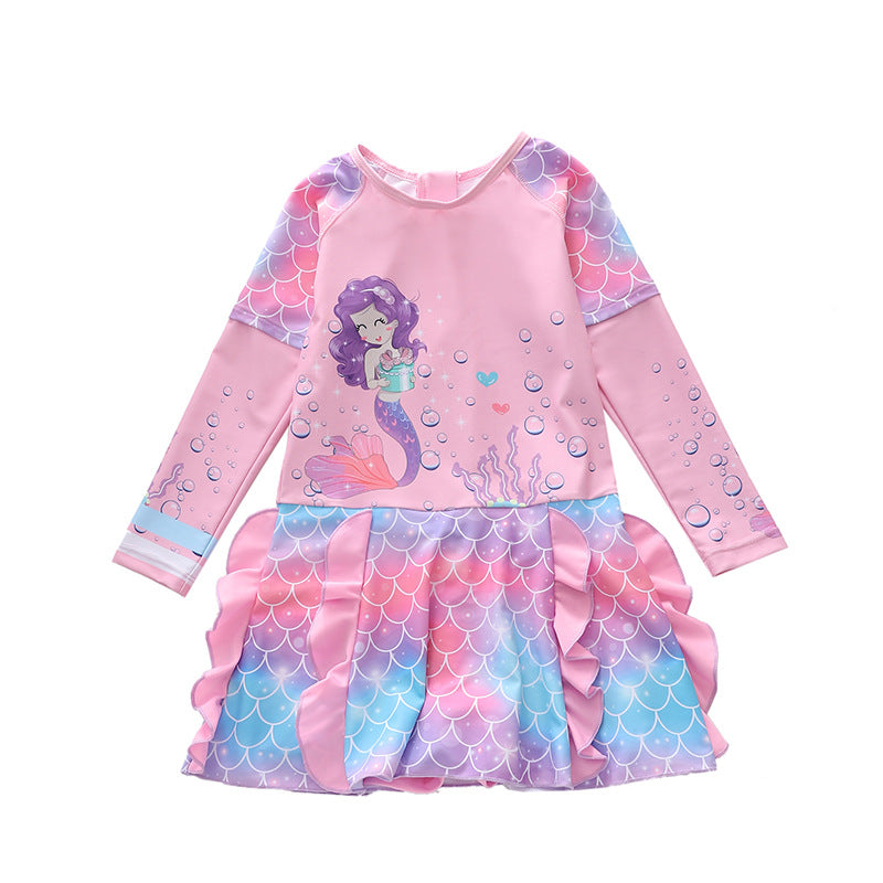 Kid Girl One-piece Long Sleeve Sunscreen Beach Surfing Mermaid Swimsuit