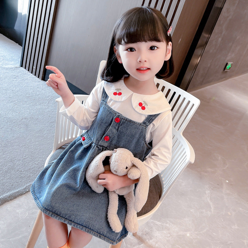 Kid Baby Girls Cherry Cowboy Suspenders Casual 2 Pcs Sets