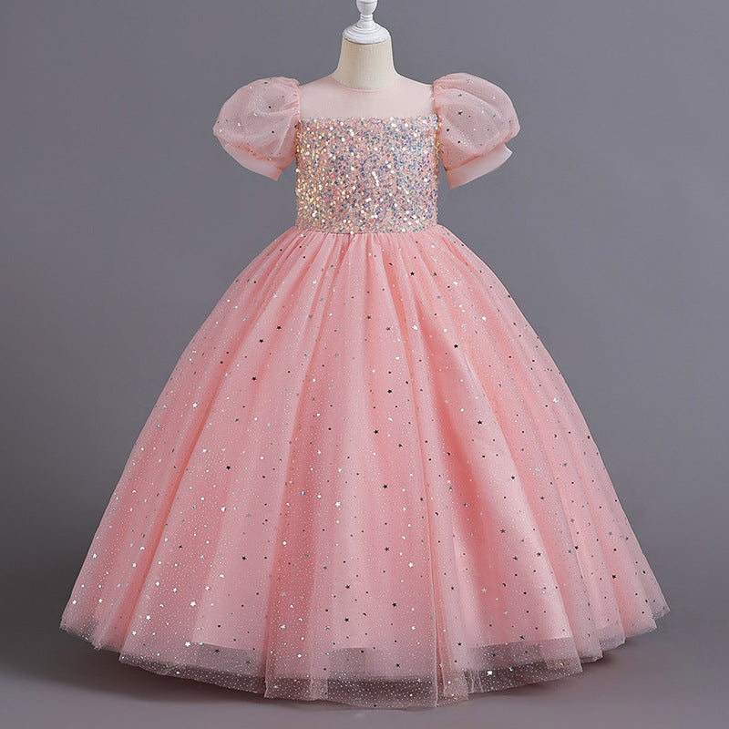 Kid Girl Flower Puff Sleeves Hosts Piano Performance Dresses