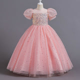 Kid Girl Flower Puff Sleeves Hosts Piano Performance Dresses