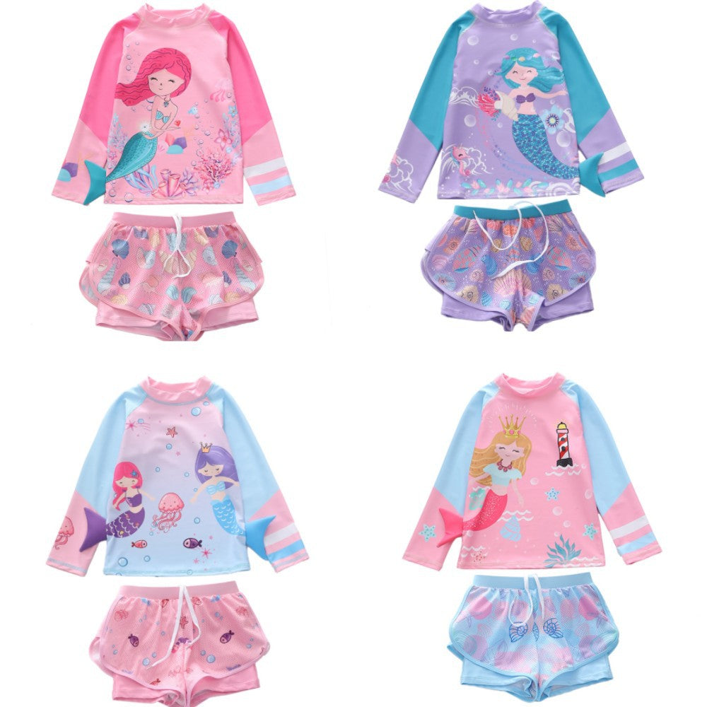 Kid Girls Split Long Sleeved Beach Sports Flat Angle Swimsuit