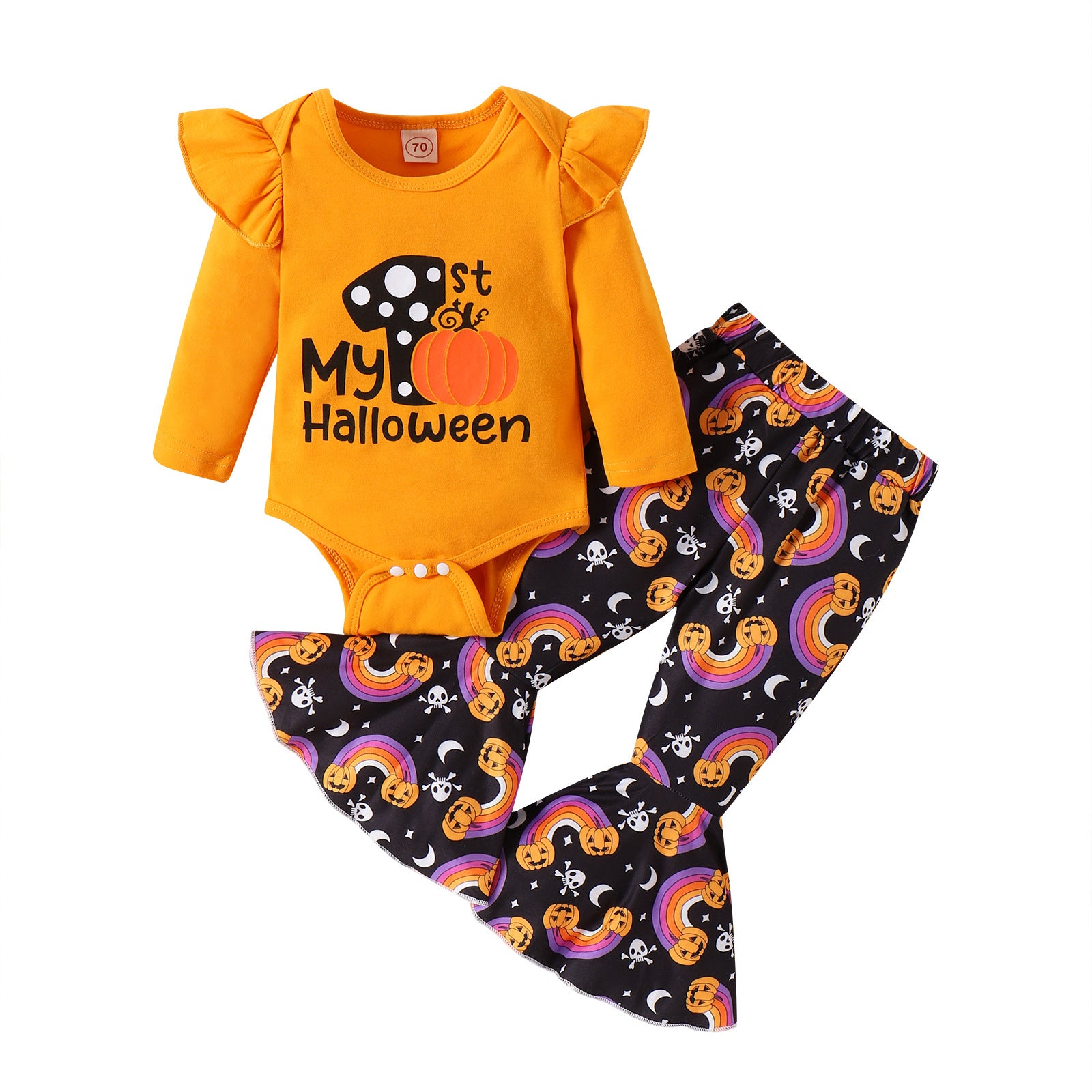 Baby Girls Halloween Print Letter Pumpkin Print Flared 2 Pcs Set