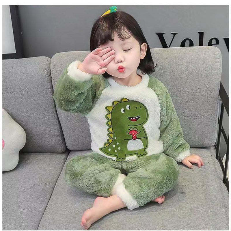 Kid Girl Autumn Winter Thickened Cute Coral Velvet Warm Flannel Pajamas