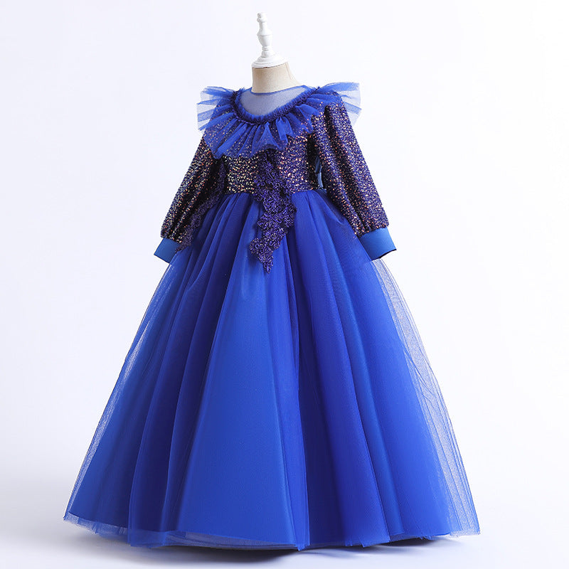 3-12T Kid Girl Long Sleeve Mesh Lace Walk Show Hosting Dress