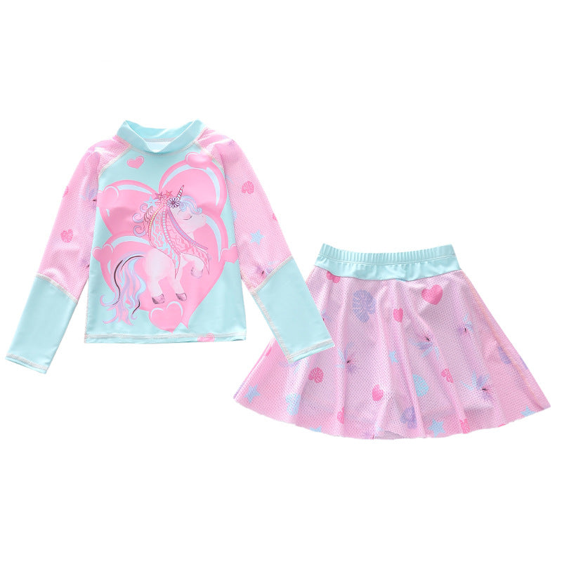 Kid Girl Split Sun Proof Long Sleeved Sports Net Swimsuits