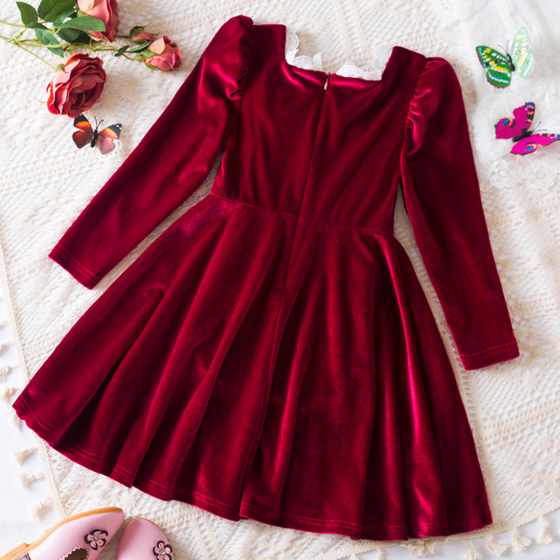 Kid Girls French Lace Neckline Princess Birthday Christmas Long Sleeve Dresses