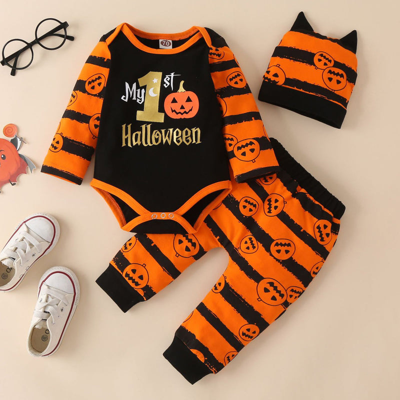 Baby Halloween Pumpkin Print Long Sleeve 3 Pcs Sets