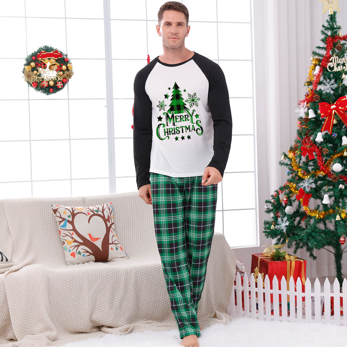 Family Matching Home Suit Christmas Plaid Patchwork Printed Pajamas